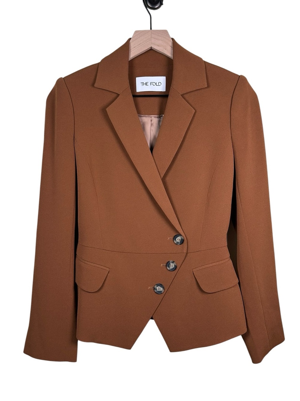 THE FOLD London Clever Crepe Camel Cognac Brown Tailored Blazer US 2 UK 6 Office